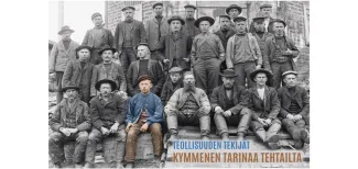 mustavalkoinen valokuva tehtaan työntekijöistä.