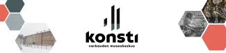 Varkauden museokeskus Konstin logo, jota ympäröi värikkäitä kulmioita, sekä valokuvia museokeskuksen aiheista