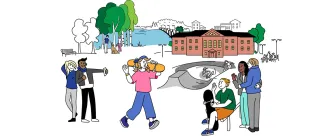 Piirroskuva, jossa nuorisoa Tehtaan koulun edessä.