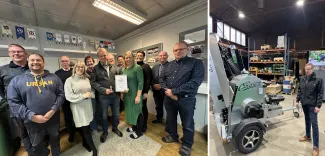 Kuvakollaasi yritysvierailuilta. Vasemmalla ryhmäkuva, jossa useita ihmisiä seisoo sisätiloissa Vuoden yritys -kunniakirjan kanssa; taustalla näkyy lippuja ja valokuvia. Oikealla teollisuushallissa otettu kuva, jossa mies seisoo metallisen Bilke Cruiser -laitteen vieressä; ympärillä näkyy hyllyjä ja koneita.