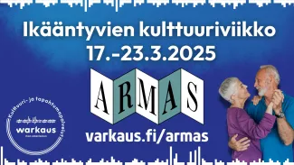 Kuvituskuva. Sinisellä taustalla teksti: Ikääntyvien kulttuuriviikko 17.-23.3.2025. Armas. Vasemmassa alareunassa logo: kulttuuri- ja tapahtumapalvelut, Varkaus. Oikeassa laidassa kaksi henkilöä tanssiasennossa.