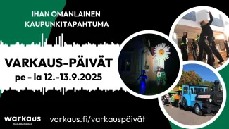 Kuvituskuva. Mustalla taustalla vihreät nurkat. Valkoisella taustalla teksti: Varkaus-päivät pe-la 12.-13.9.2025. Pyöreissä kuvakehyksissä kuvia tanssijoista, katujunasta ja valaistusta rakennuksesta.