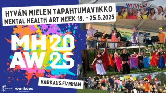 Kuvituskuva. Värikkäitä valokuvia ihmisistä tapahtumissa. Tapahtuman logo ja teksti Hyvän mielen tapahtumaviikko, Mental Health Art Week 19.-25.5.2025.