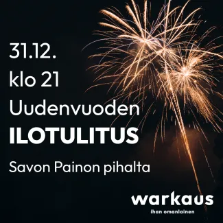 Mainoskuva uuden vuoden ilotulituksesta 31.12. klo 21. Tummalla taustalla vaalea ilotulitus.